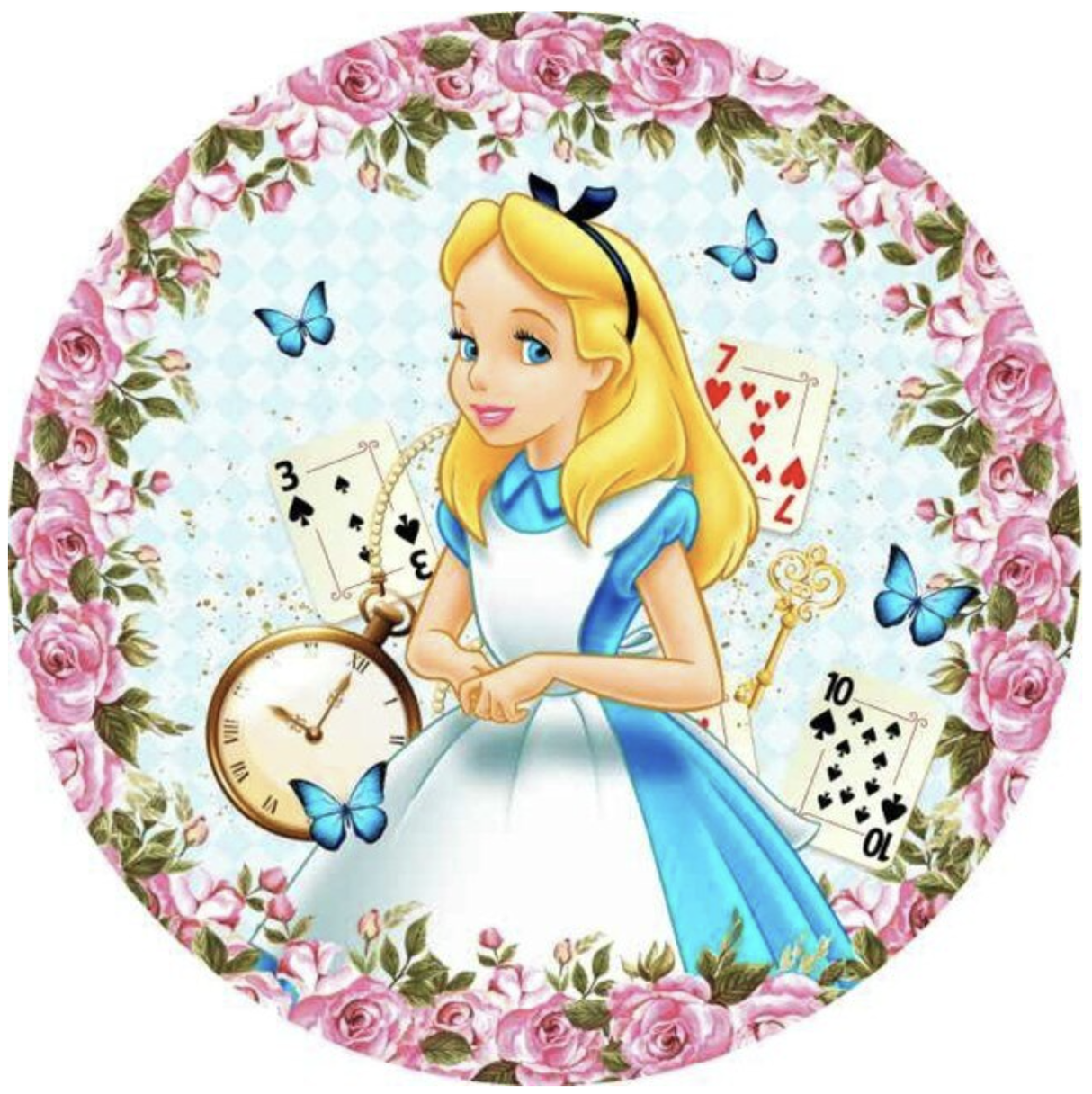 ALICE IN WONDERLAND FLOWERS BUTTERFLIES TIME KEY PARTY ROUND BIRTHDAY BANNER