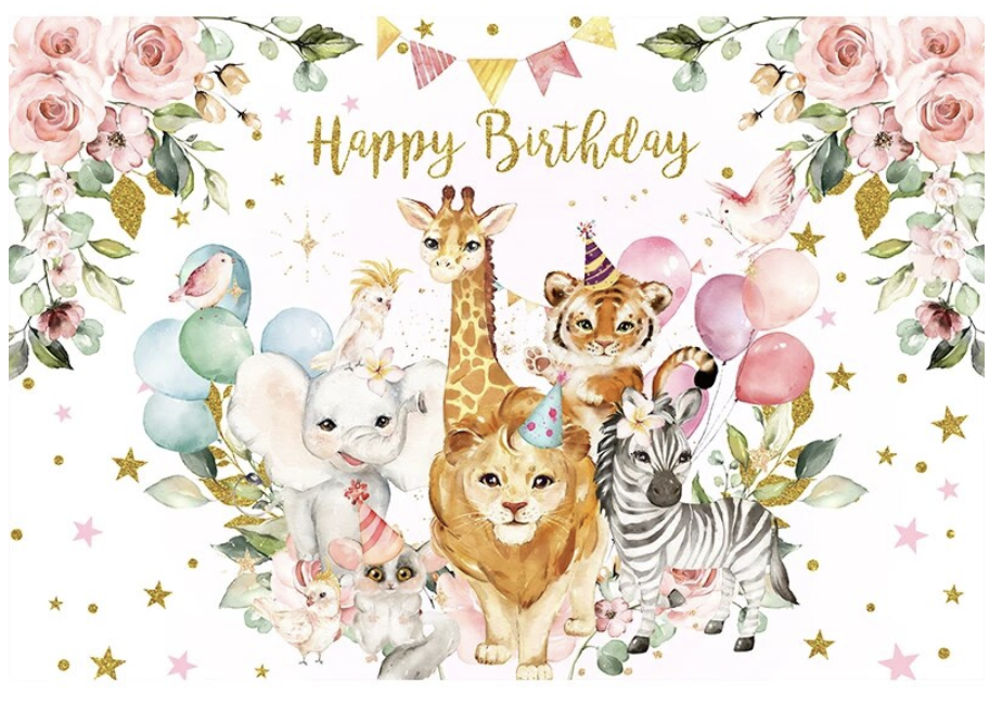 ANIMALS BIRDS ZEBRA TIGER LION GIRAFFE PERSONALISED BIRTHDAY PARTY BANNER BACKDROP