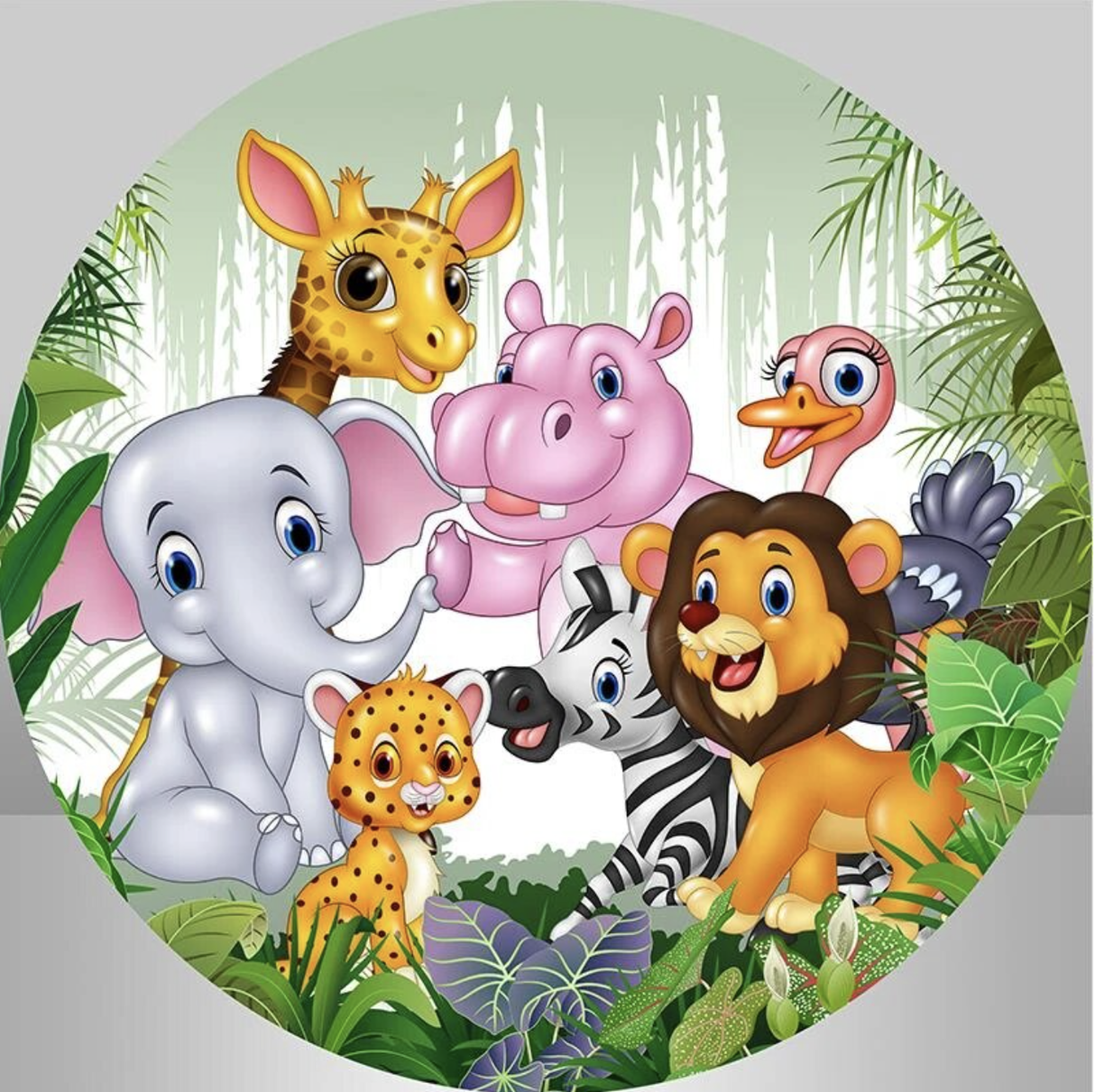 ANIMALS JUNGLE SAFARI FOREST HIPPO ZEBRA LION GIRAFFE PARTY ROUND BIRTHDAY BANNER