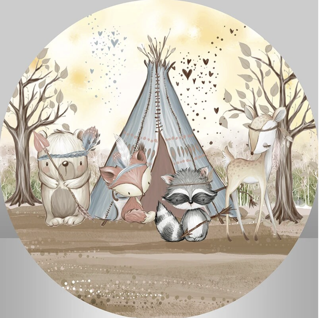 ANIMALS CAMPING DEER RACOONS TENT PARTY ROUND BIRTHDAY BANNER BACKDROP