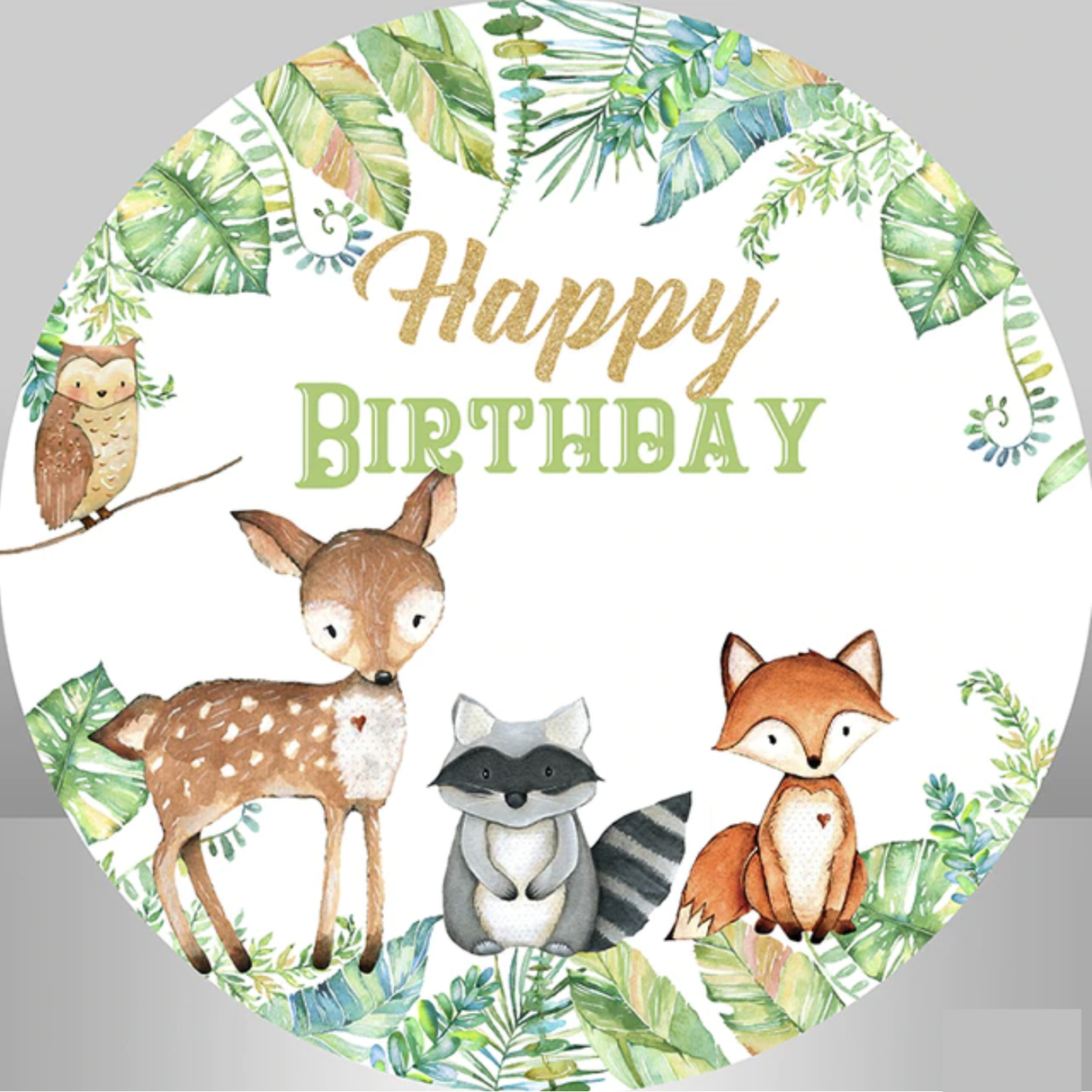 ANIMALS DEER RACOON OWL FOX GREEN PARTY ROUND BIRTHDAY BANNER BACKDROP