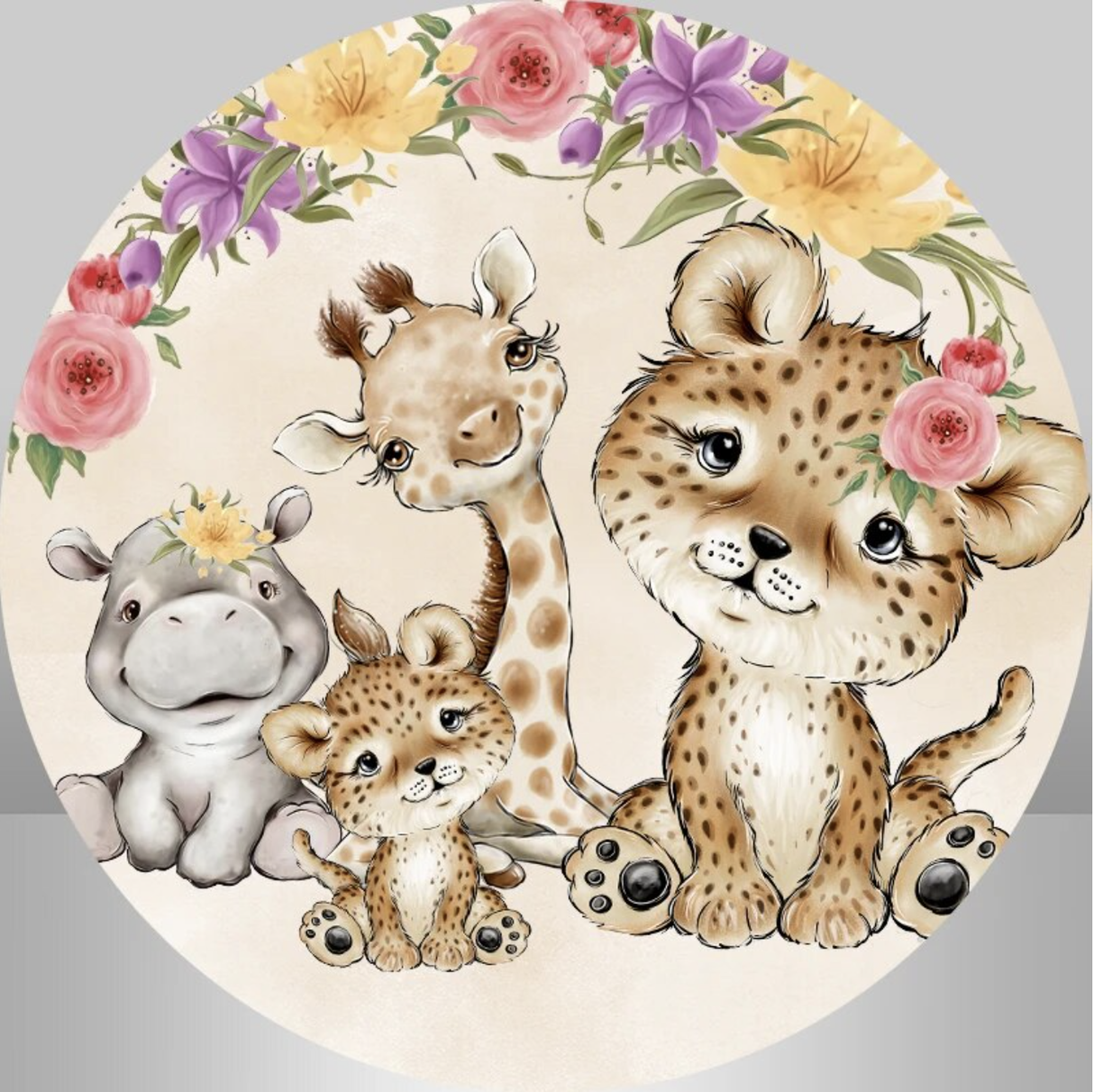 ANIMALS FLOWERS LIONESS HIPPO GIRAFFE PARTY ROUND BIRTHDAY BANNER BACKDROP