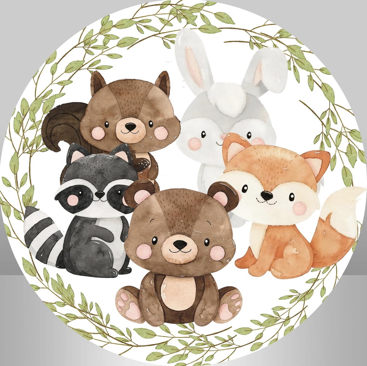 ANIMALS WREATH FOX BEAR RABBIT RACOON PARTY ROUND BIRTHDAY BANNER BACKDROP