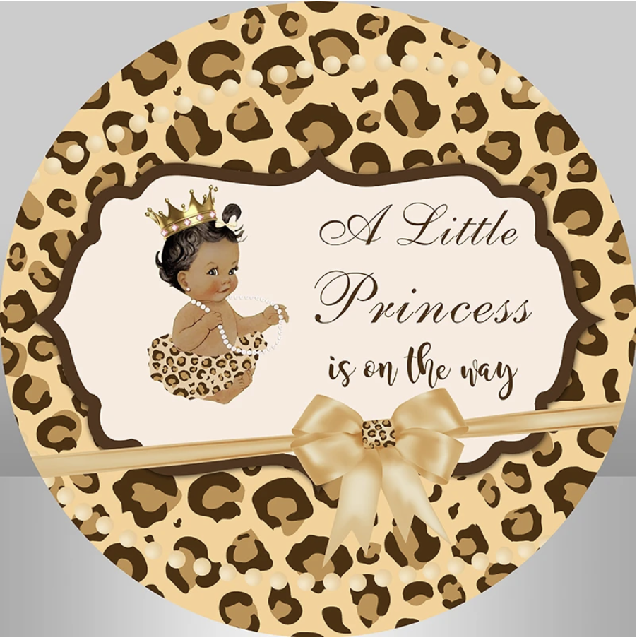 BABY SHOWER LITTLE PRINCESS ANIMAL PRINT CROWN BOW PARTY ROUND BANNER BACKDROP