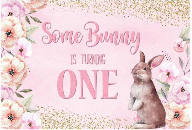 BUNNY RABBIT FLOWERS PERSONALISED 1ST BIRTHDAY PARTY BANNER BACKDROP DECORATION