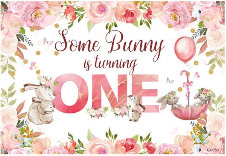 PINK BUNNY RABBIT BALLOONS PERSONALISED BIRTHDAY PARTY BANNER BACKDROP