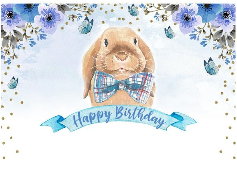 BUNNY RABBIT BLUE FLOWERS GLITTER CONFETTI BIRTHDAY PARTY BANNER BACKDROP