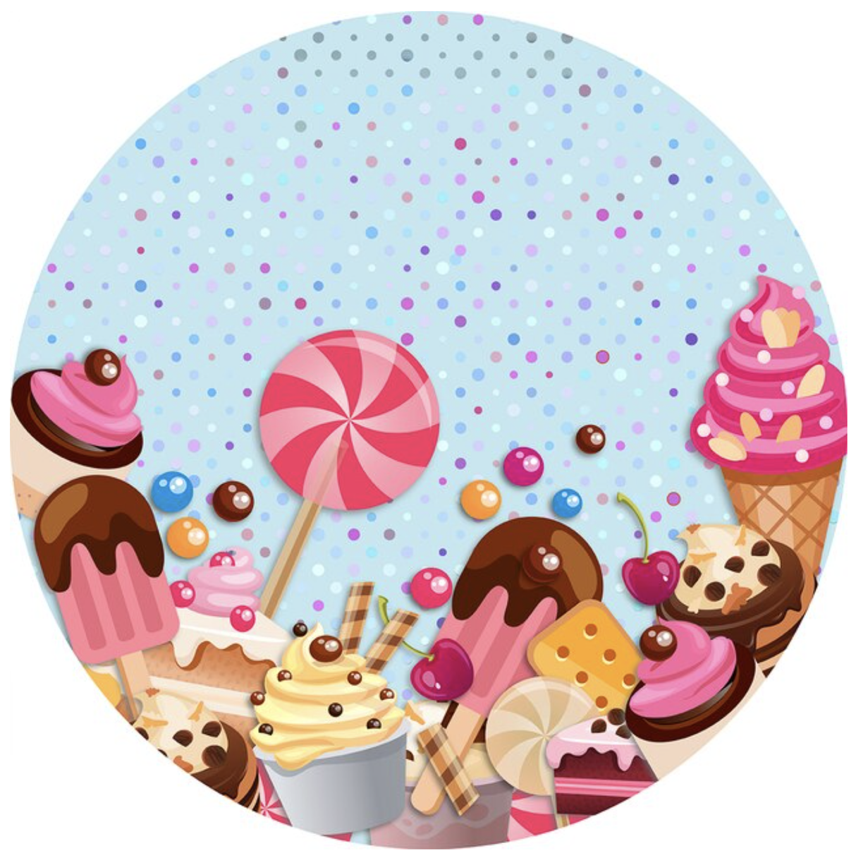 CANDY LOLLIES ICE CREAM CUPCAKES FOOD CHEERY PARTY ROUND BIRTHDAY BANNER BACKDROP