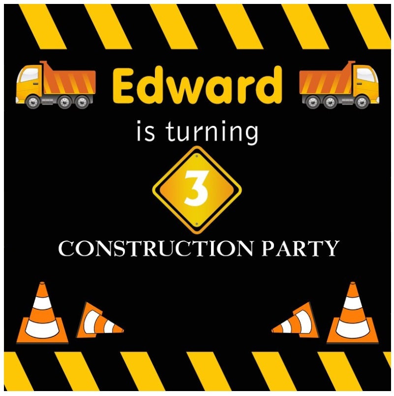 CONSTRUCTION TRUCKS SAFETY CONE PERSONALISED BIRTHDAY PARTY BANNER BACKDROP