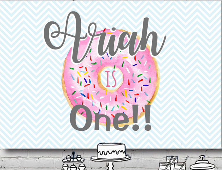 DONUT FIRST 1ST BIRTHDAY PINK PERSONALISED PARTY BANNER BACKDROP DECORATION