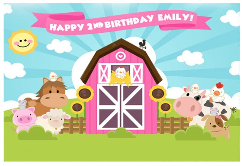 FARM ANIMAL COW SHEEP PIG PINK GIRL PERSONALISED BIRTHDAY PARTY BANNER BACKDROP