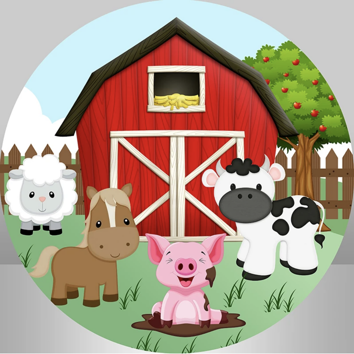 FARM ANIMALS COW PIG SHEEP HORSE PARTY ROUND BIRTHDAY PERSONALISED BANNER BACKDROP