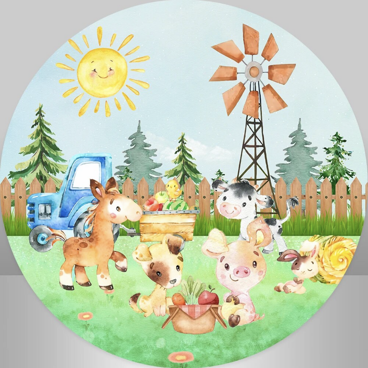 FARM BABY ANIMALS TRACTOR COW PIG BUNNY PARTY ROUND BIRTHDAY BANNER BACKDROP