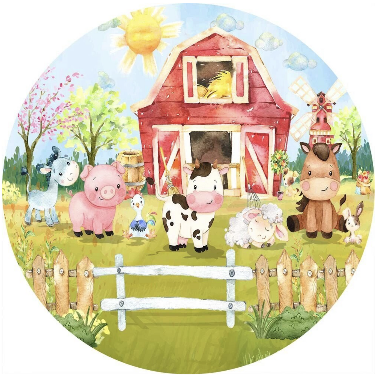 FARM ANIMALS COW SHEEP HORSE DONKEY CHICKEN PARTY ROUND BIRTHDAY BANNER BACKDROP