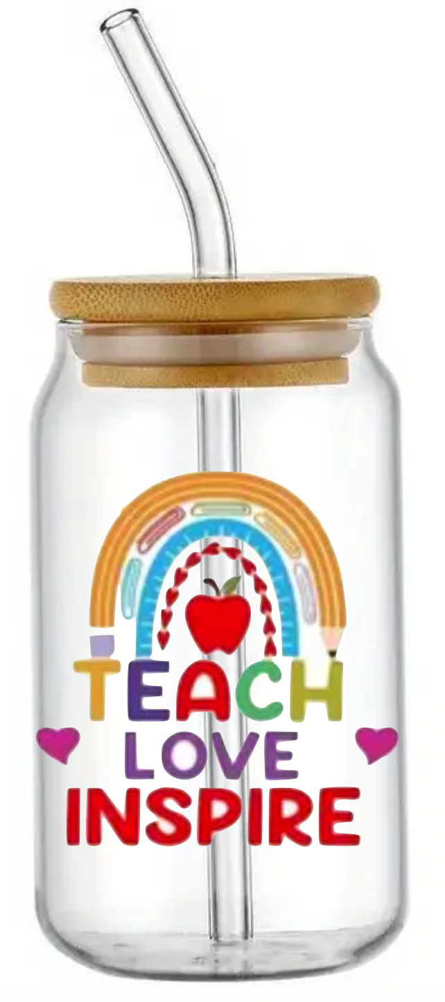 TEACHER END OF YEAR GIFT GLASS JAR TUMBLER CUP WITH LID, STRAW AND BRUSH