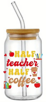 STUDENT TEACHER GIFT COFFEE SCHOOL GLASS JAR TUMBLER CUP WITH LID, STRAW AND BRUSH