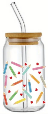 GIFT TEACHER STUDENT PENCIL SCHOOL GLASS JAR TUMBLER CUP WITH LID, STRAW AND BRUSH