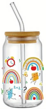 SCHOOL GIFT TEACHER STUDENT GLASS JAR TUMBLER CUP WITH LID, STRAW AND BRUSH