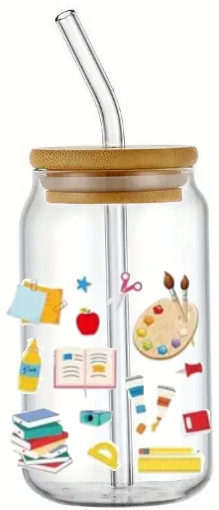 SCHOOL TEACHER GIFT STUDENT GLASS JAR TUMBLER CUP WITH LID, STRAW AND BRUSH