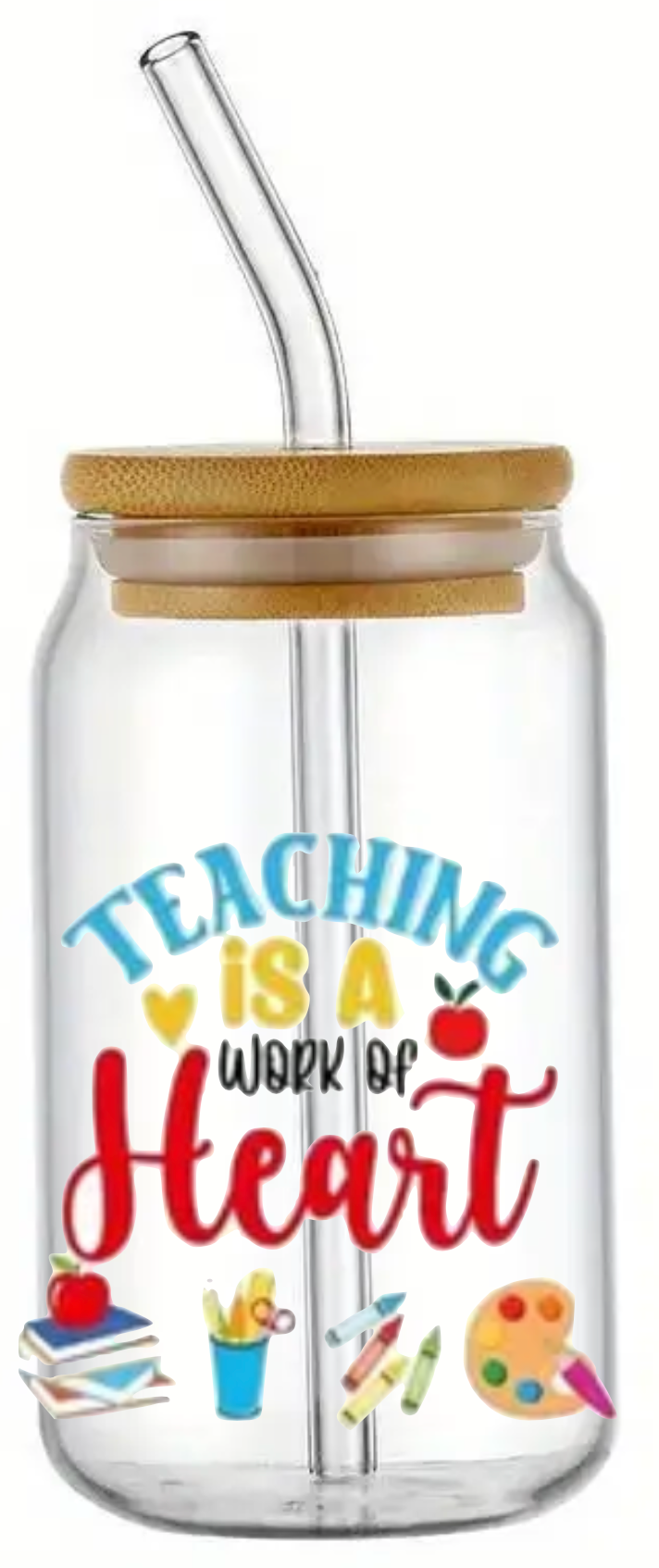 SCHOOL KINDER TEACHER EDUCATOR GIFT GLASS JAR TUMBLER CUP WITH LID, STRAW AND BRUSH