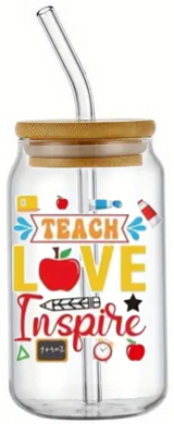 TEACHER GIFT GLASS JAR TUMBLER CUP WITH LID, STRAW AND BRUSH