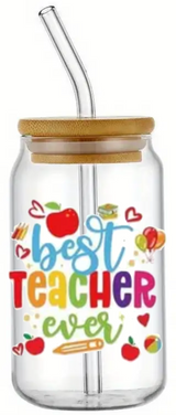 TEACHER BEST SCHOOL GIFT GLASS JAR TUMBLER CUP WITH LID, STRAW AND BRUSH