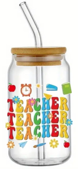 TEACHER SCHOOL BEST GIFT GLASS JAR TUMBLER CUP WITH LID, STRAW AND BRUSH