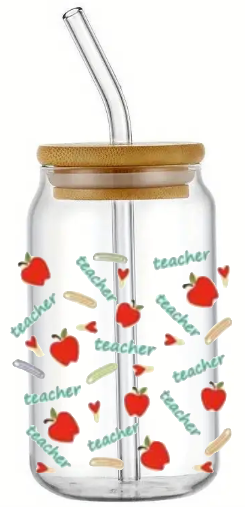 TEACHER SCHOOL GIFT STUDENT GLASS JAR TUMBLER CUP WITH LID, STRAW AND BRUSH