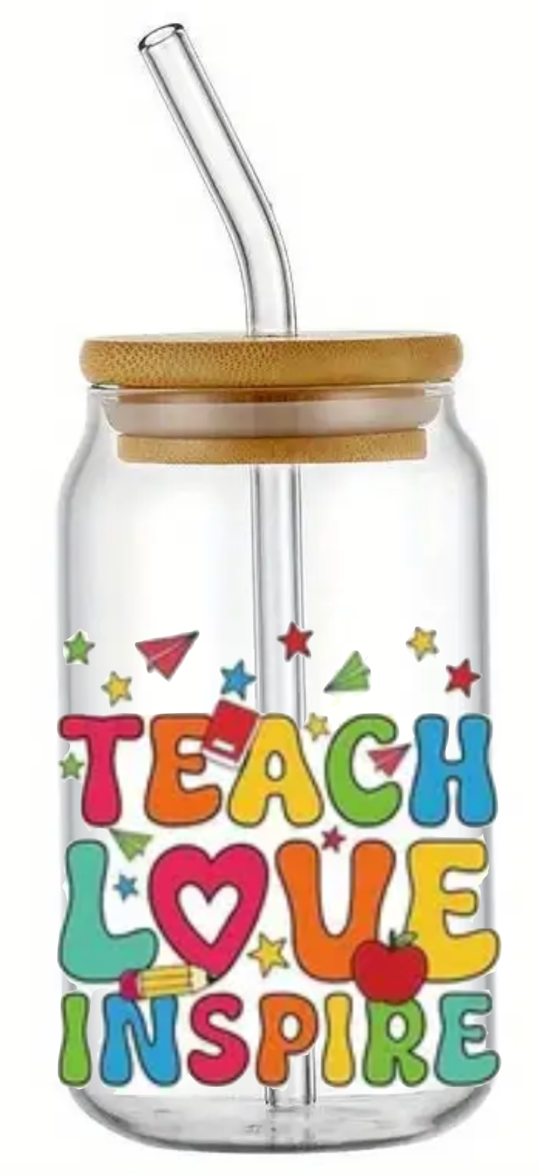 TEACHER STUDENT SCHOOL GIFT GLASS JAR TUMBLER CUP WITH LID, STRAW AND BRUSH