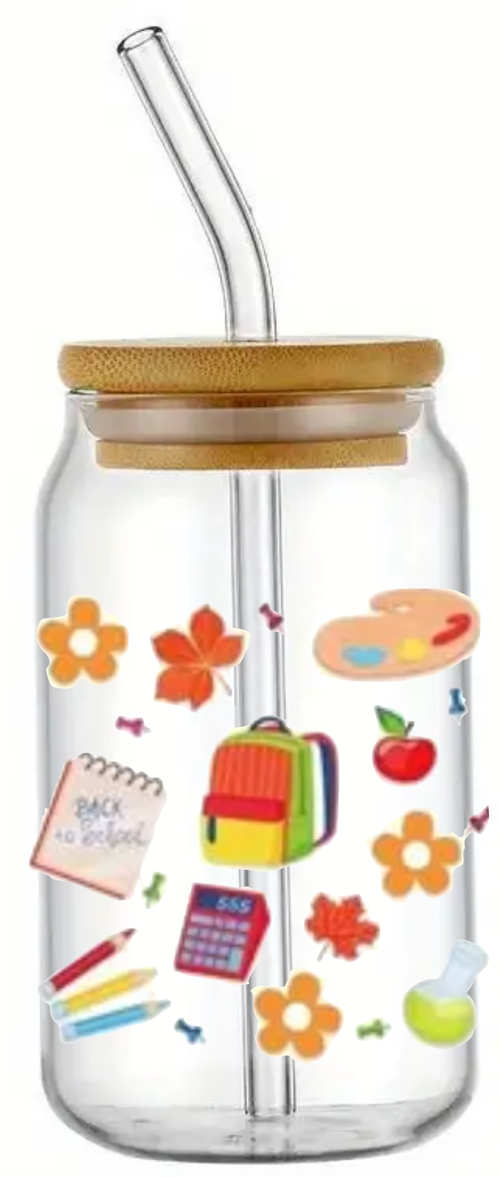 STUDENT TEACHER FRIEND GIFT SCHOOL GLASS JAR TUMBLER CUP WITH LID, STRAW AND BRUSH