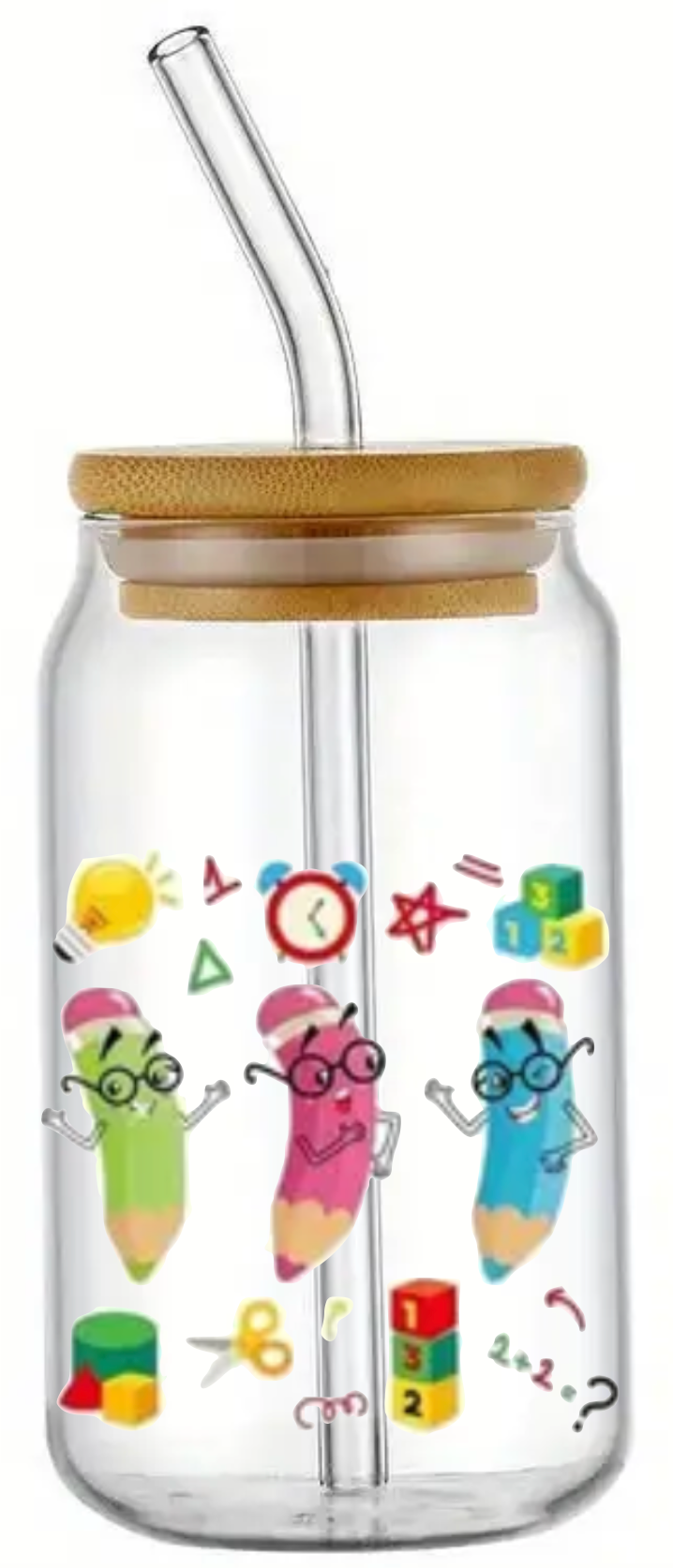 STUDENT TEACHER GIFT FRIEND SCHOOL GLASS JAR TUMBLER CUP WITH LID, STRAW AND BRUSH