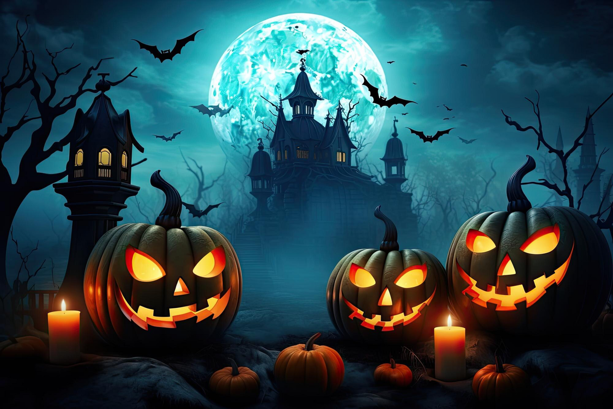 HALLOWEEN HAUNTED HOUSE JACK-O-LANTERNS BATS PARTY BANNER BACKDROP DECORATION