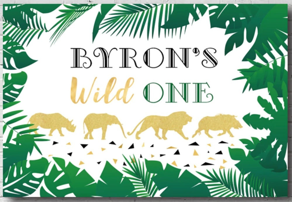 JUNGLE SAFARI ANIMAL WILD GOLD PERSONALISED BIRTHDAY PARTY BANNER BACKDROP