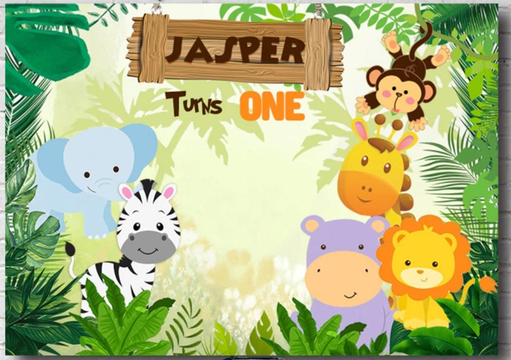 JUNGLE SAFARI ANIMAL ZOO PERSONALISED BIRTHDAY PARTY BANNER BACKDROP