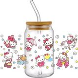 HELLO KITTY UMBRELLA BOWS GLASS JAR TUMBLER CUP WITH LID, STRAW AND BRUSH