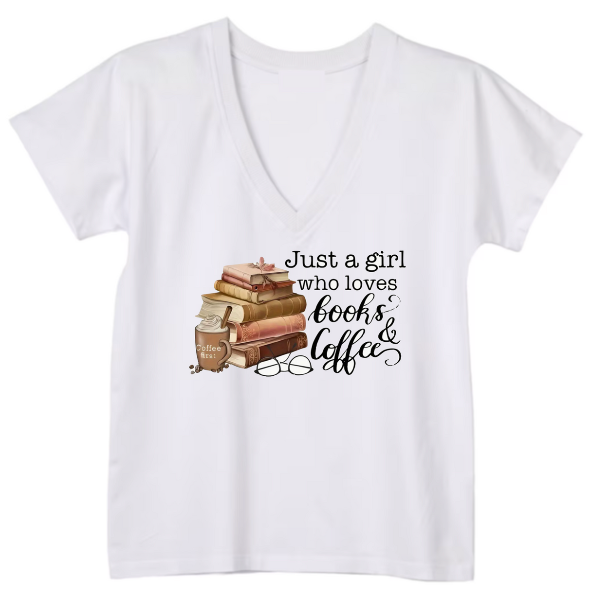 JUST A GIRL WHO LOVES COFFEE AND BOOKS TSHIRT T-SHIRT COTTON WHITE COMIC FUNNY