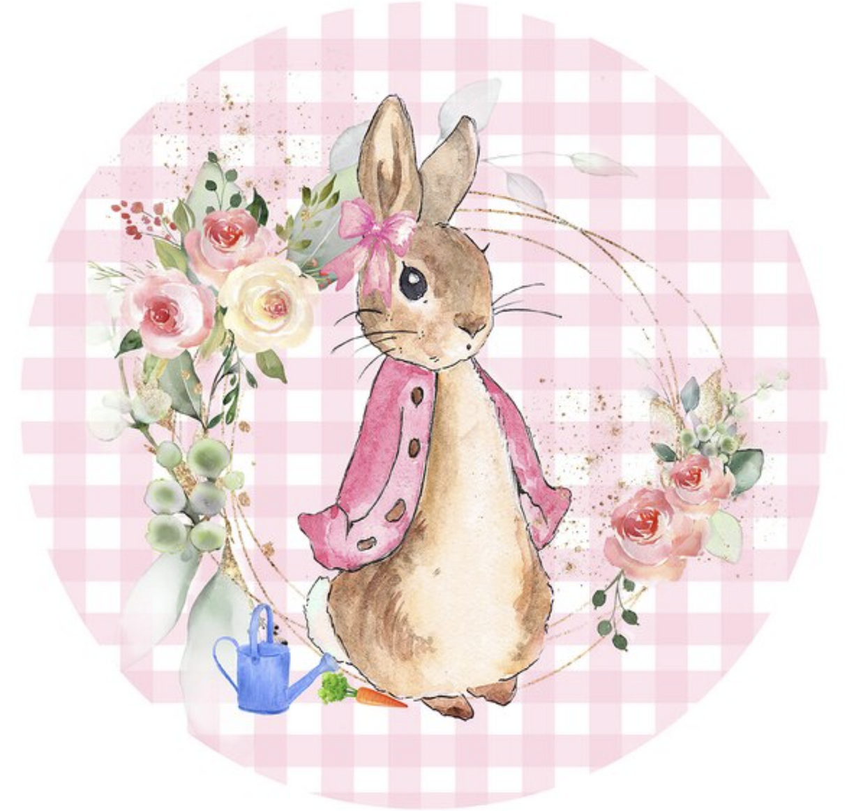 PETER RABBIT BUNNY FLOWER WREATH ROSES PINK PARTY ROUND BIRTHDAY PERSONALISED BANNER