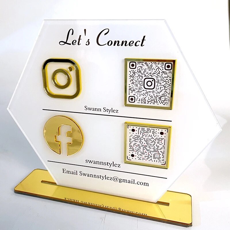 BUSINESS MULTI QR CODE SCANNING SIGN SOCIAL MEDIA BOARD PLAQUE HEXAGON GOLD