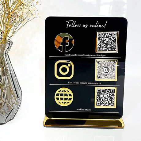 MULTI BUSINESS QR CODE SCANNING SIGN SOCIAL MEDIA BOARD PLAQUE RECTANGLE BLACK GOLD