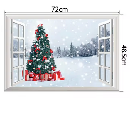 CHRISTMAS TREE PRESENTS SNOWY MOUNTAIN WINDOW VIEW 3D WALL STICKER MURAL ART Decal