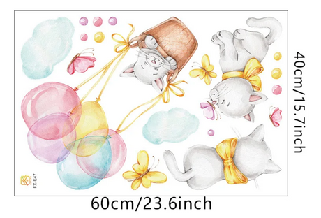 KITTENS IN BASKET CATS CUTE ANIMALS BALLOONS BUTTERFLIES CLOUDS 3D WALL STICKER MURAL ART Decal