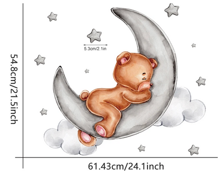 BEAR SLEEPING ON CRESCENT MOON NIGHT SKY STARS CUTE ANIMALS 3D WALL STICKER MURAL ART Decal