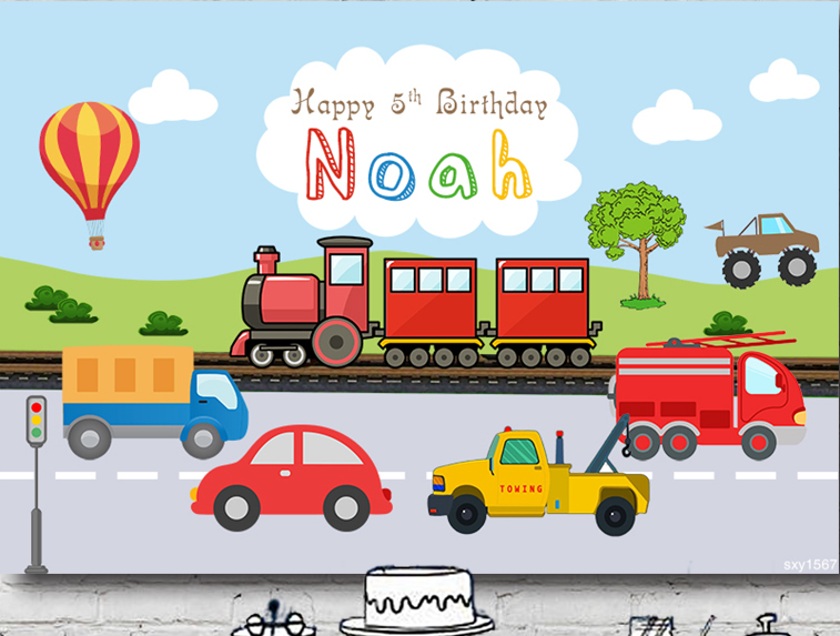 TRAIN TRUCK CAR PERSONALISED BIRTHDAY PARTY BANNER  BACKDROP DECORATION